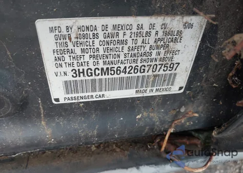 2006 Honda Accord 2.4 Lx z USA, uszkodzony, nr VIN 3HGCM56426G707597